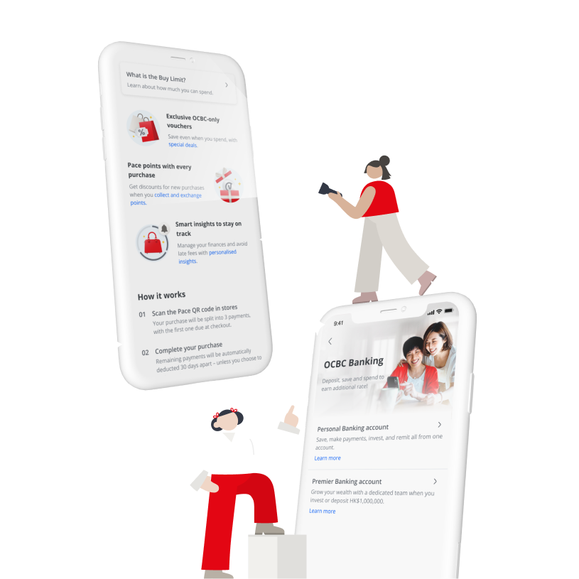 OCBC Banking app screens showing BNPL Pace rewards and the Personal Banking account overview